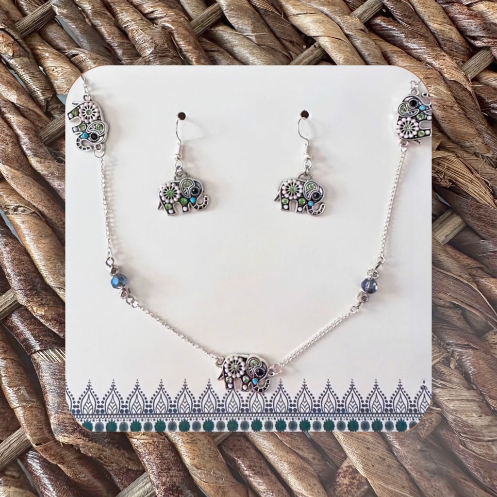New Handmade Silver-Tone Bejeweled Elephant Necklace And Earrings Set